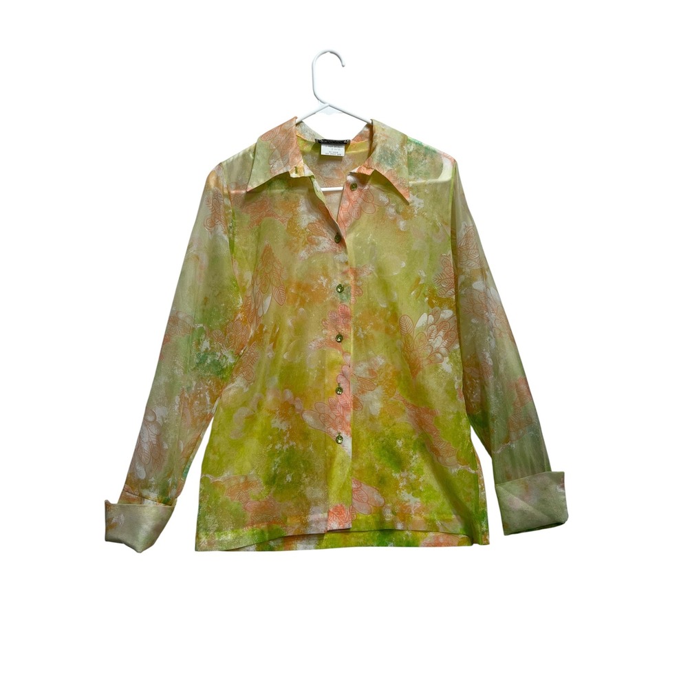 Vintage 70s Teddi of California Sheer Dagger Collar Blouse Green Orange Floral